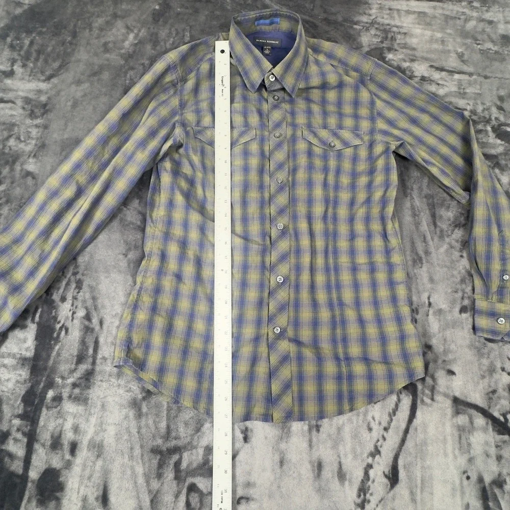 Banana Republic Button‎ Down Shirt Mens S Blue Olive Plaid Stretch Long Sleeve